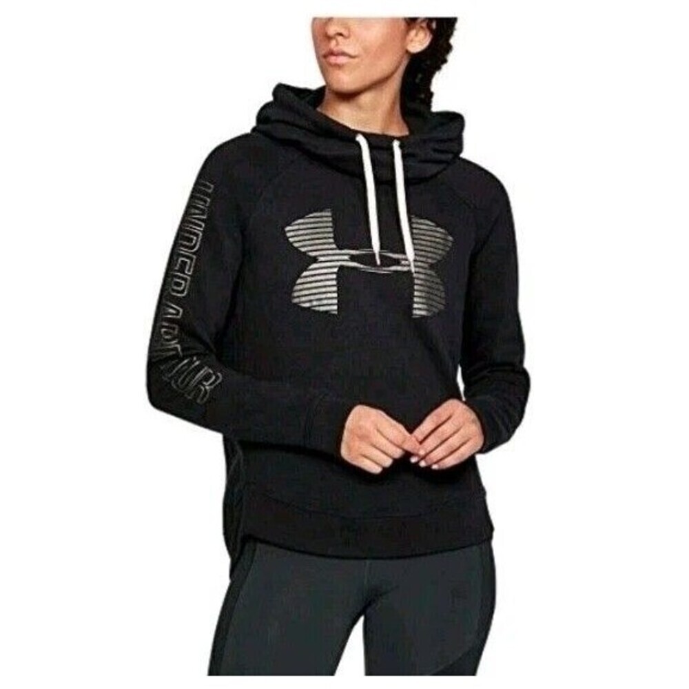 Under Armour Loose Fleece Pullover Hoodie Black L Metallic Logo Long Sleeve Cowl